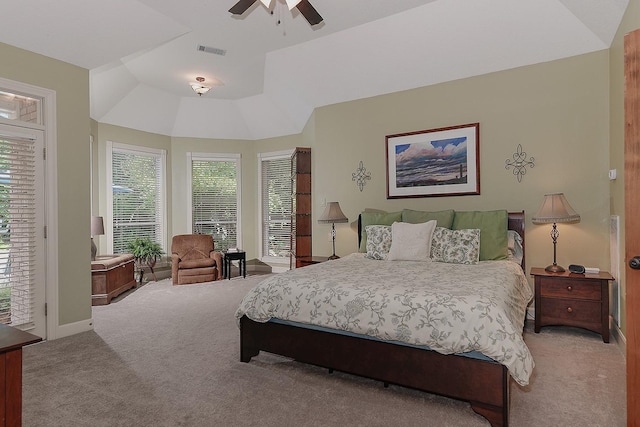 bedroom with carpet, a ceiling fan, access to exterior, visible vents, and baseboards