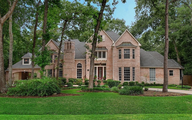 english style home with roof with shingles, a chimney, brick siding, and a front yard