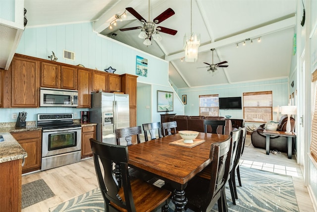 13022 Coronado Dr, Freeport, TX 77541 - dining room with a ceiling fan, light wood finished floors, visible vents, high vaulted ceiling, and beamed ceiling