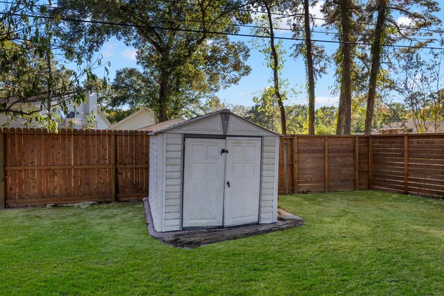 view of shed with a fenced backyard