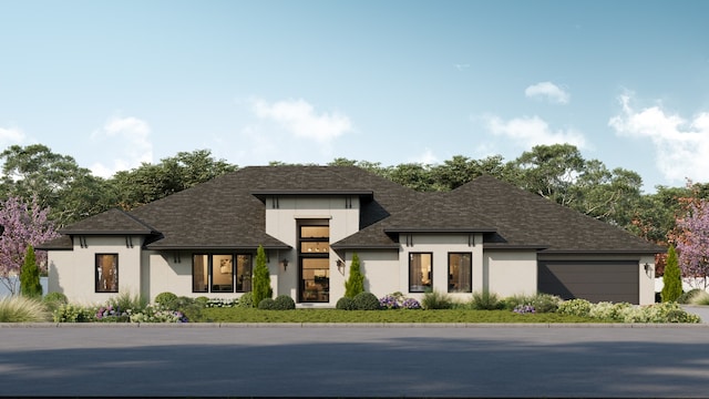 view of front facade with a garage, stucco siding, and a shingled roof