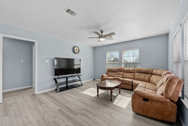 723 Frost Ave, Anahuac, TX 77514 - living room featuring baseboards, ceiling fan, visible vents, and wood finished floors