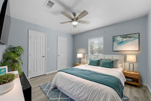 723 Frost Ave, Anahuac, TX 77514 - bedroom featuring ceiling fan, baseboards, visible vents, and light wood-style floors