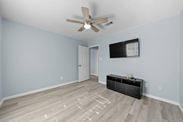 723 Frost Ave, Anahuac, TX 77514 - unfurnished bedroom with light wood finished floors, baseboards, a ceiling fan, and visible vents