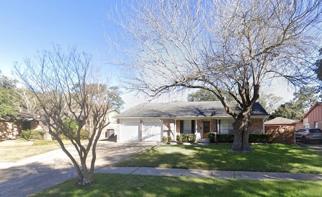 9006 Roos Rd, Houston, TX 77036 - ranch-style house featuring covered porch, a garage, concrete driveway, a front lawn, and brick siding