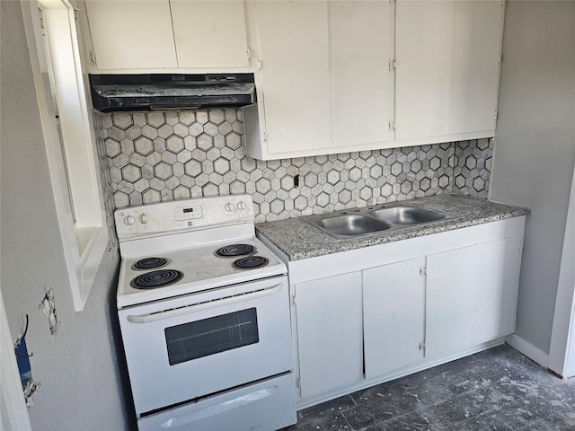 3229 Holman St Unit 4, Houston, TX 77004 - kitchen featuring white electric stove, under cabinet range hood, a sink, backsplash, and white cabinets