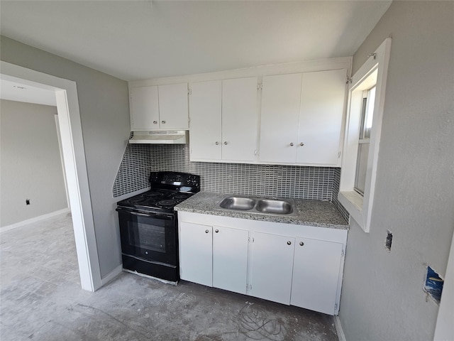 3229 Holman St Unit 4, Houston, TX 77004 - kitchen featuring black electric range, under cabinet range hood, a sink, decorative backsplash, and white cabinets
