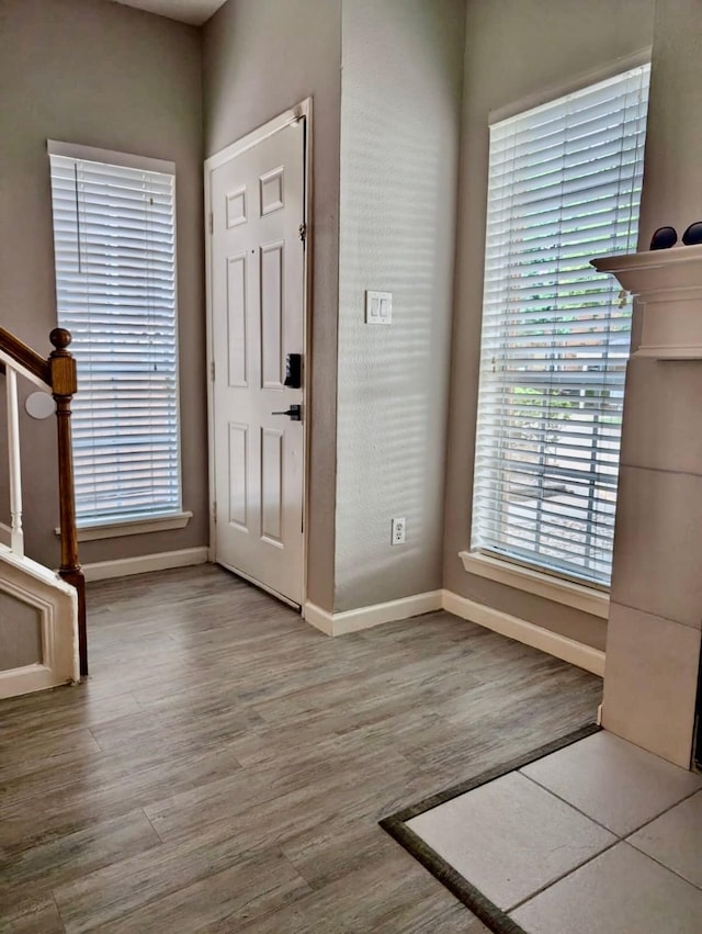 foyer entrance featuring baseboards, plenty of natural light, and wood finished floors