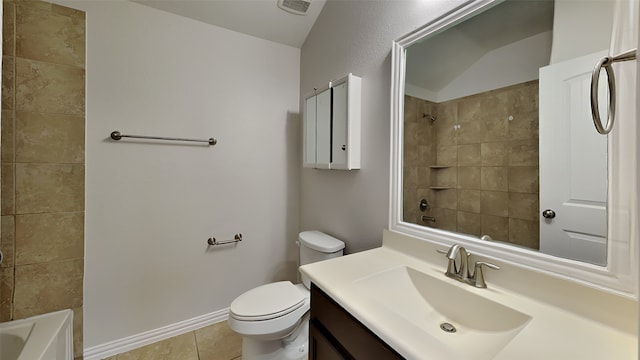 bathroom with toilet, bathing tub / shower combination, visible vents, tile patterned flooring, and vanity