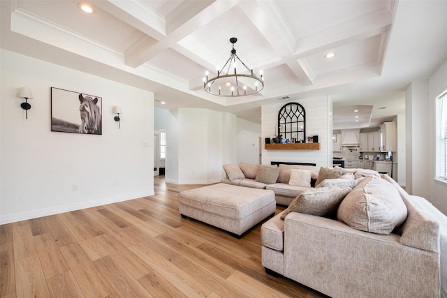 24585 Tipperary St, Hempstead, TX 77445 - living room featuring light wood-style flooring, recessed lighting, coffered ceiling, a chandelier, and beam ceiling