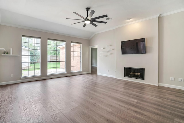 17422 Marigold Dr, Sugar Land, TX 77479 - unfurnished living room with ornamental molding, a ceiling fan, wood finished floors, baseboards, and a fireplace