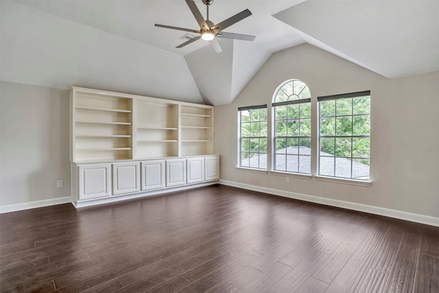 17422 Marigold Dr, Sugar Land, TX 77479 - unfurnished living room featuring a ceiling fan, baseboards, dark wood-type flooring, and lofted ceiling