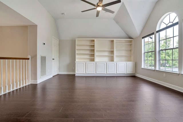 17422 Marigold Dr, Sugar Land, TX 77479 - unfurnished living room with ceiling fan, lofted ceiling, dark wood finished floors, and baseboards
