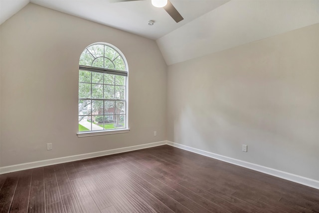 17422 Marigold Dr, Sugar Land, TX 77479 - unfurnished room featuring a ceiling fan, lofted ceiling, dark wood-type flooring, and baseboards