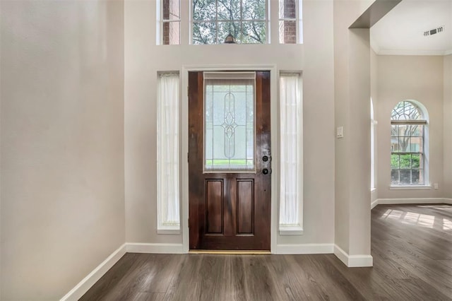 17422 Marigold Dr, Sugar Land, TX 77479 - entrance foyer featuring baseboards, dark wood-type flooring, ornamental molding, and a towering ceiling