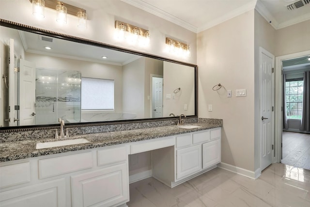 17422 Marigold Dr, Sugar Land, TX 77479 - bathroom with marble finish floors, walk in shower, double vanity, baseboards, and crown molding