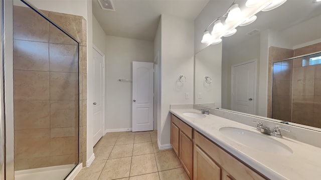 full bath with a sink, a shower stall, visible vents, and tile patterned floors