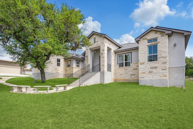 3419 Campestres, Spring Branch, TX 78070 - view of front facade featuring stone siding, a standing seam roof, a front lawn, and metal roof