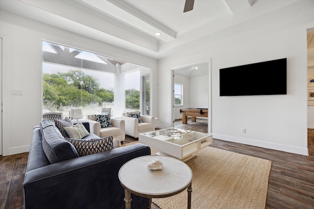 3419 Campestres, Spring Branch, TX 78070 - living room featuring recessed lighting, beamed ceiling, a ceiling fan, dark wood-style floors, and baseboards