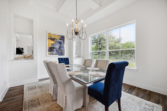 3419 Campestres, Spring Branch, TX 78070 - dining area with wood finished floors, coffered ceiling, beam ceiling, a notable chandelier, and baseboards