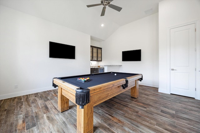 3419 Campestres, Spring Branch, TX 78070 - game room featuring dark wood-type flooring, baseboards, lofted ceiling, and ceiling fan