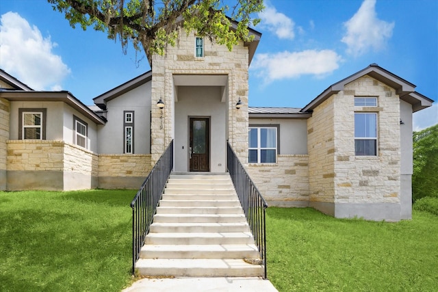 3419 Campestres, Spring Branch, TX 78070 - view of front of home featuring stone siding, stucco siding, and a front yard