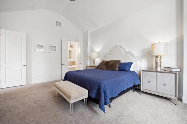 3419 Campestres, Spring Branch, TX 78070 - bedroom featuring carpet flooring, connected bathroom, high vaulted ceiling, visible vents, and baseboards