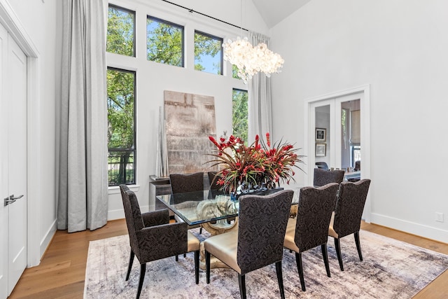 203 S Empress Green Pl, Montgomery, TX 77316 - dining area with an inviting chandelier, french doors, wood finished floors, high vaulted ceiling, and baseboards