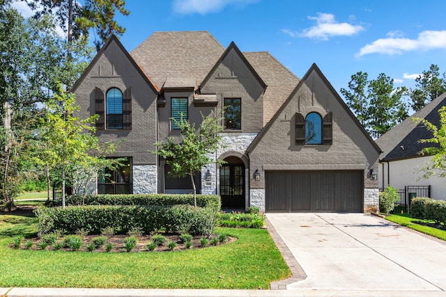 203 S Empress Green Pl, Montgomery, TX 77316 - french country inspired facade with concrete driveway, stone siding, an attached garage, and a front yard