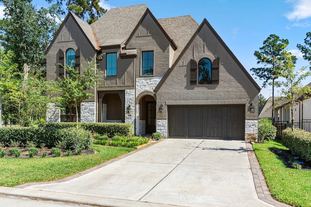 203 S Empress Green Pl, Montgomery, TX 77316 - french country style house with brick siding, an attached garage, a shingled roof, concrete driveway, and stone siding