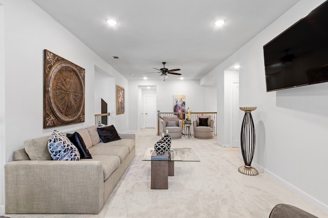 203 S Empress Green Pl, Montgomery, TX 77316 - living room featuring baseboards, carpet floors, recessed lighting, and a ceiling fan