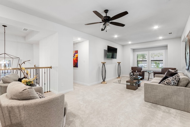 203 S Empress Green Pl, Montgomery, TX 77316 - living room with recessed lighting, baseboards, visible vents, ceiling fan, and carpet floors