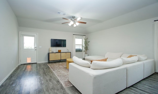 18715 Callalily Bloom Ct, Tomball, TX 77377 - living room with ceiling fan, baseboards, visible vents, and wood finished floors