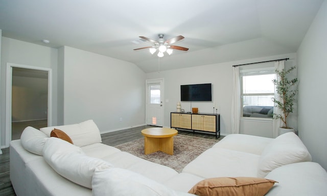 18715 Callalily Bloom Ct, Tomball, TX 77377 - living room featuring ceiling fan, baseboards, and wood finished floors