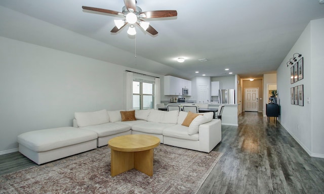 18715 Callalily Bloom Ct, Tomball, TX 77377 - living room with baseboards, dark wood-style flooring, recessed lighting, and ceiling fan
