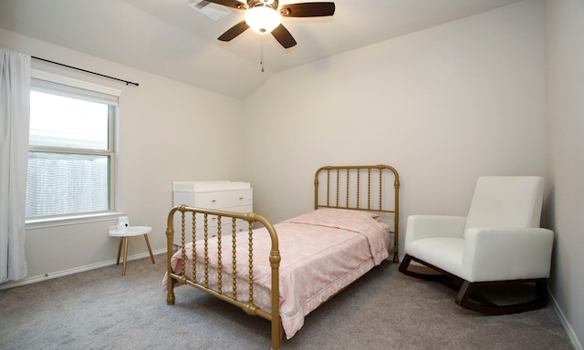 18715 Callalily Bloom Ct, Tomball, TX 77377 - carpeted bedroom featuring vaulted ceiling, ceiling fan, baseboards, and visible vents