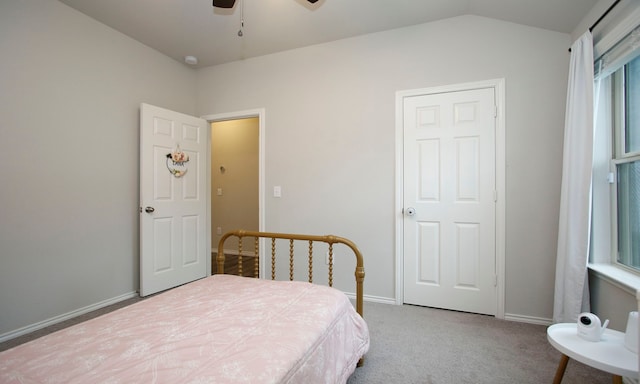 18715 Callalily Bloom Ct, Tomball, TX 77377 - carpeted bedroom featuring baseboards, lofted ceiling, and ceiling fan