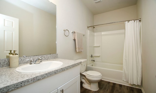 18715 Callalily Bloom Ct, Tomball, TX 77377 - bathroom featuring toilet, shower / tub combo with curtain, wood finished floors, and vanity