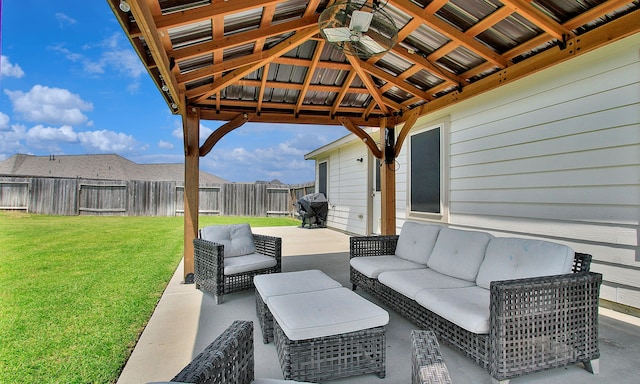18715 Callalily Bloom Ct, Tomball, TX 77377 - view of patio featuring an outdoor hangout area, a gazebo, a grill, and a fenced backyard