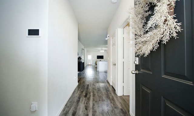 18715 Callalily Bloom Ct, Tomball, TX 77377 - hallway with dark wood-style flooring and baseboards