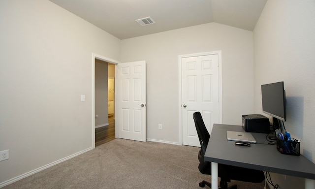 18715 Callalily Bloom Ct, Tomball, TX 77377 - carpeted office with lofted ceiling, baseboards, and visible vents