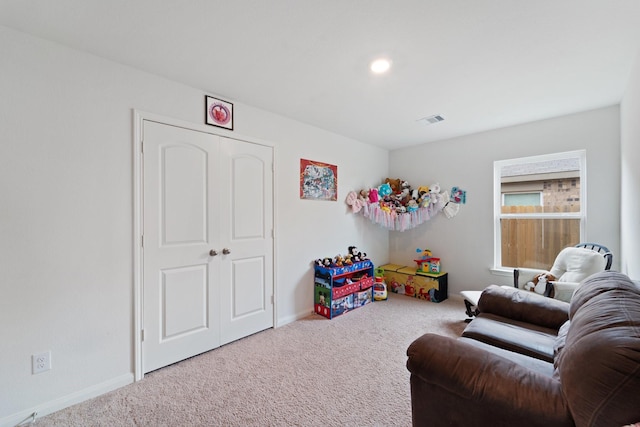 rec room with carpet, baseboards, visible vents, and recessed lighting