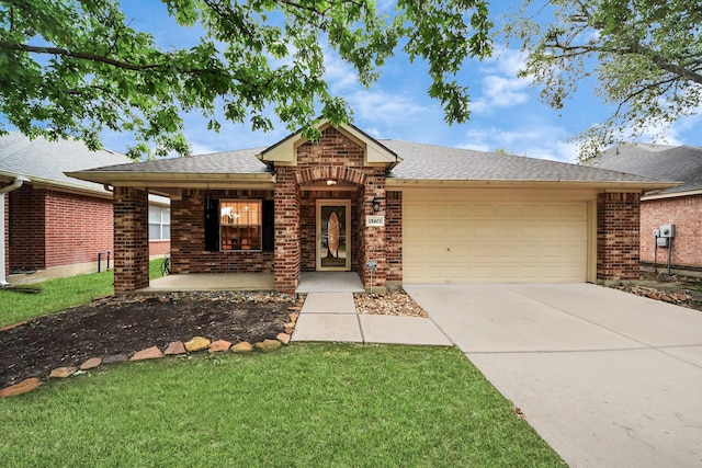 15403 Court Green Trl, Cypress, TX 77433 - ranch-style house featuring an attached garage, brick siding, driveway, and a front lawn