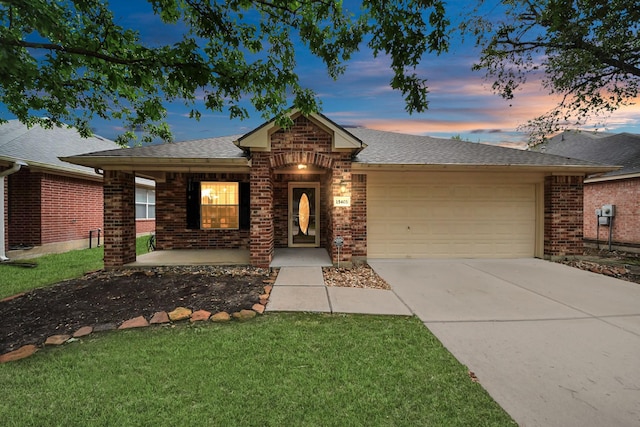 15403 Court Green Trl, Cypress, TX 77433 - ranch-style home with an attached garage, brick siding, driveway, and roof with shingles