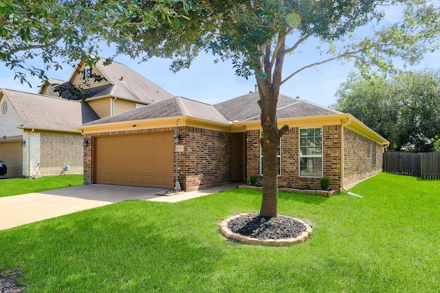 ranch-style home featuring a garage, brick siding, concrete driveway, and roof with shingles