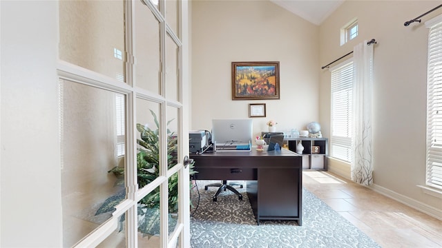 18818 Bene Vista Dr, Houston, TX 77084 - home office featuring baseboards and high vaulted ceiling
