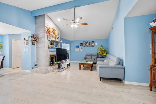 10302 Lybert Rd, Houston, TX 77041 - living area with light tile patterned floors, baseboards, ceiling fan, and high vaulted ceiling
