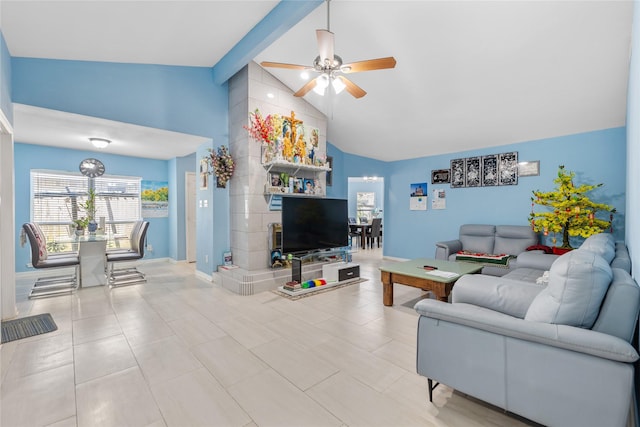 10302 Lybert Rd, Houston, TX 77041 - living room with high vaulted ceiling, light tile patterned flooring, baseboards, and a ceiling fan