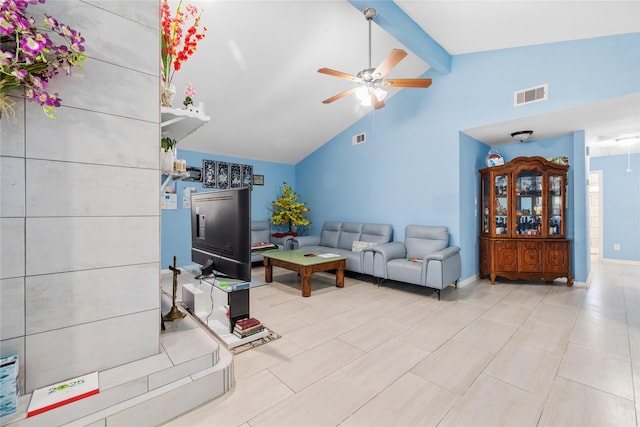10302 Lybert Rd, Houston, TX 77041 - living room featuring beamed ceiling, ceiling fan, visible vents, and high vaulted ceiling