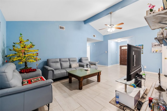 10302 Lybert Rd, Houston, TX 77041 - living area with a ceiling fan, baseboards, visible vents, and vaulted ceiling with beams